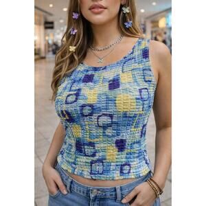 Vintage Y2K 5.7.9 Popcorn Scrunch Top OSFA Blue Abstract Stretch Tank
